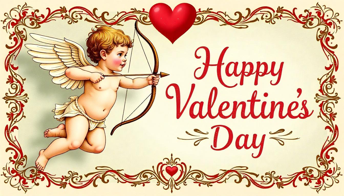 Vintage valentine’s day card featuring cupid with bow