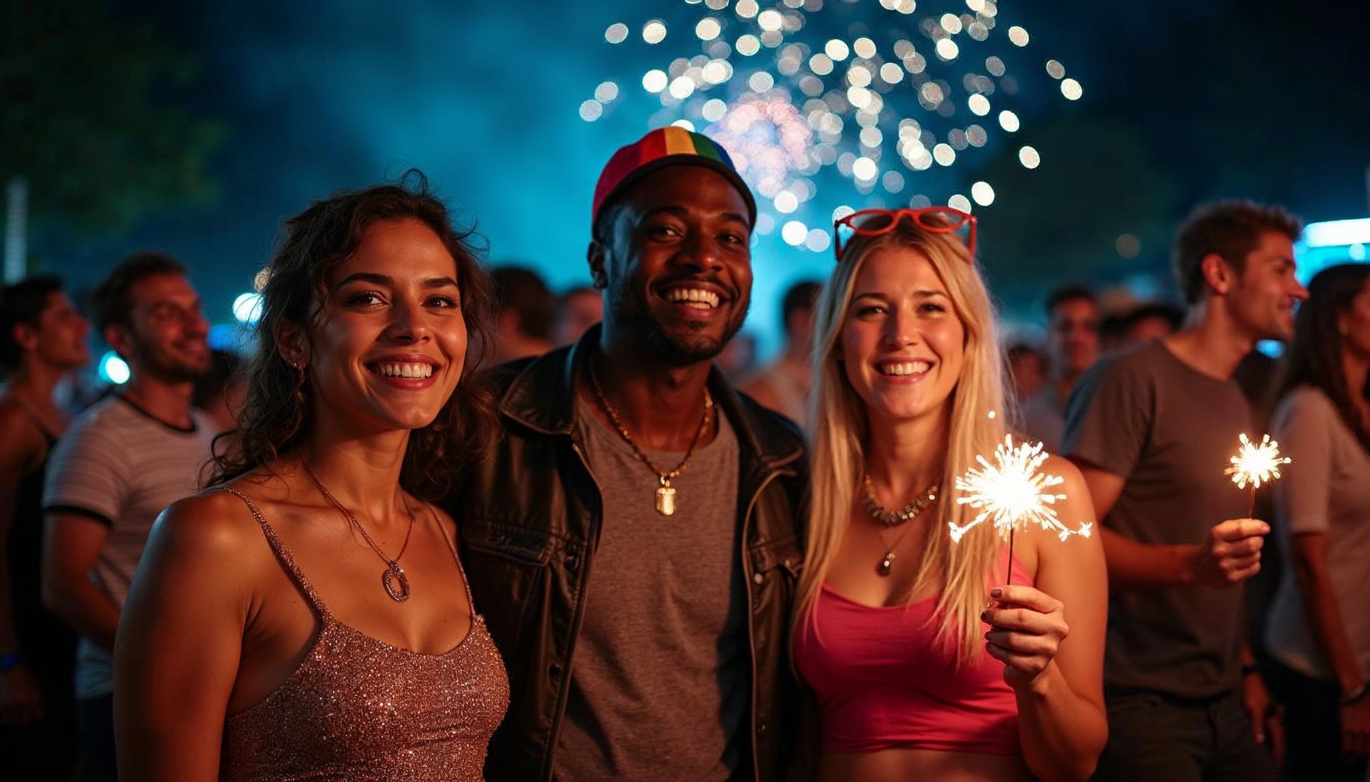 Friends celebrate a vibrant evening with sparkles Friends celebrate a vibrant evening with sparkles