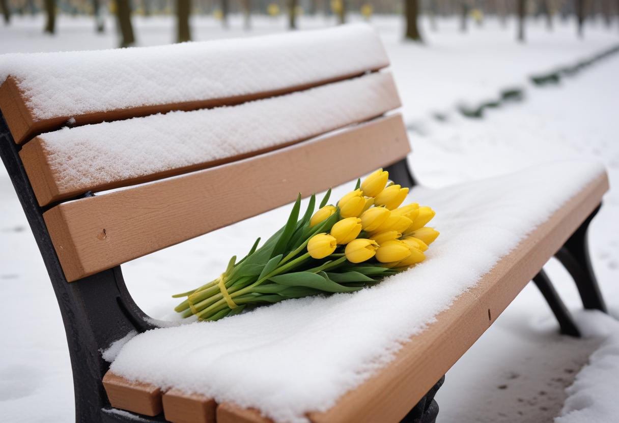 Yellow tulips resting on a snowy park bench in winter Yellow tulips resting on a snowy park bench in winter