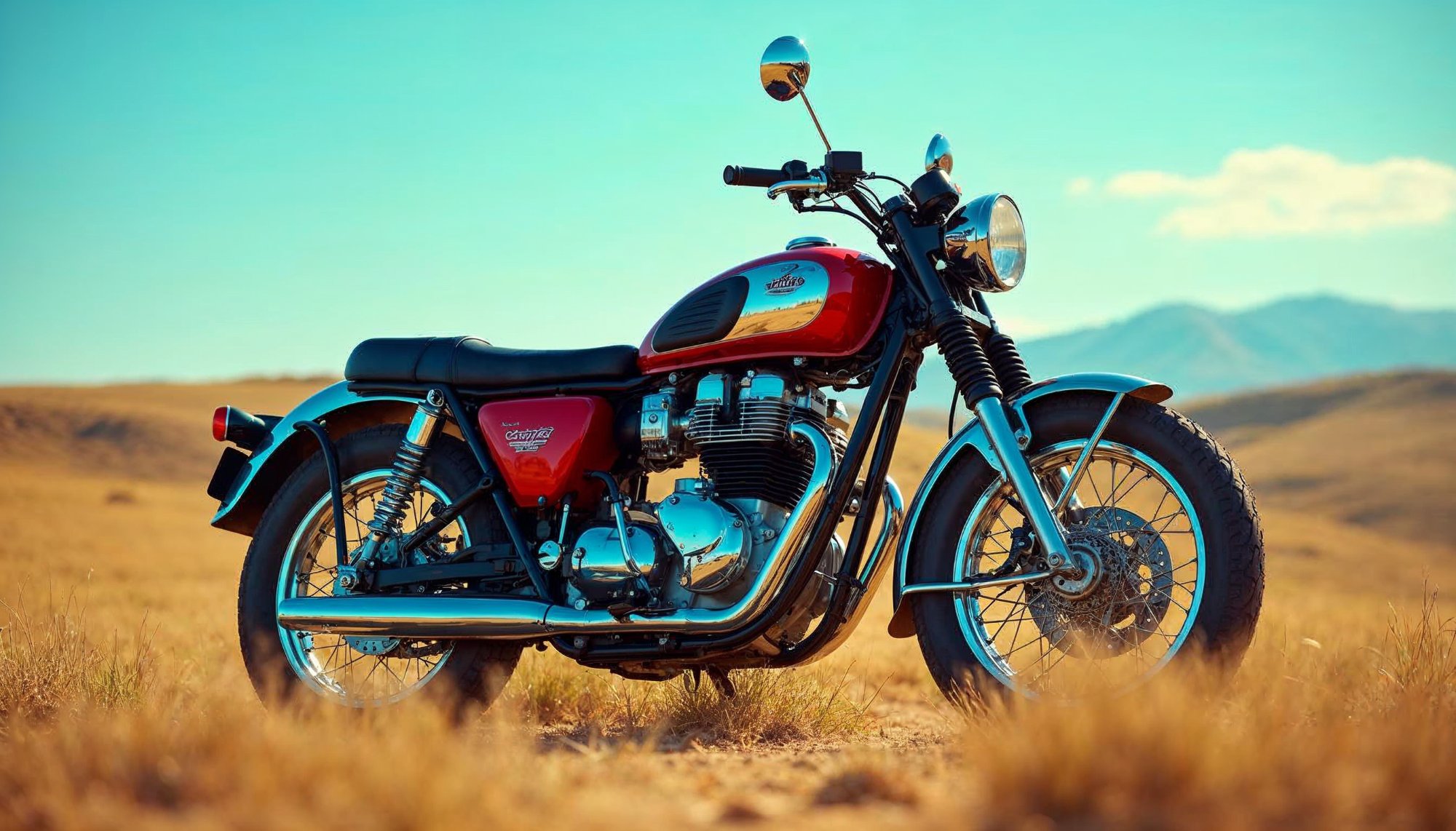 Classic motorcycle parked in a golden grass field Classic motorcycle parked in a golden grass field