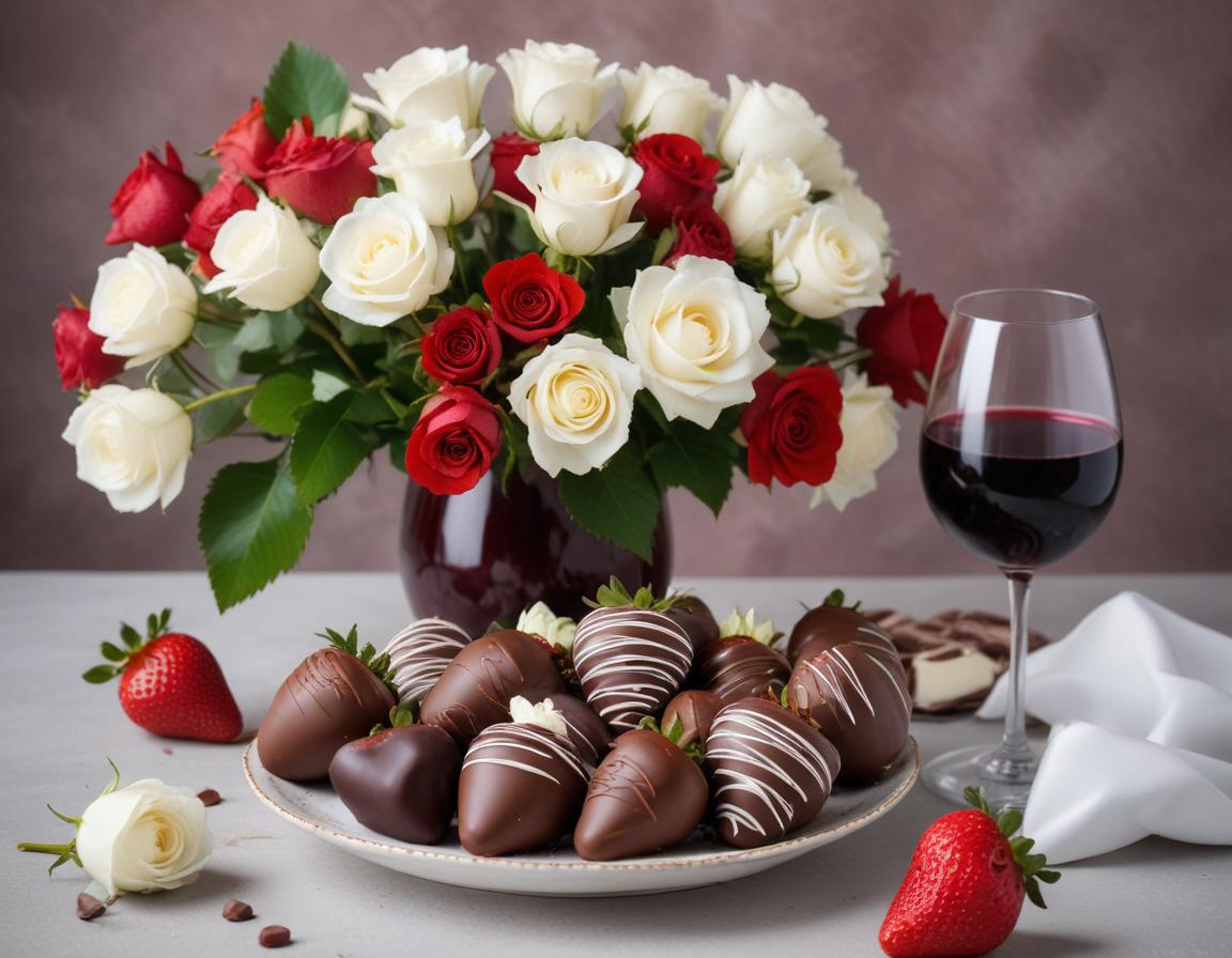 Romantic setup with roses, chocolate strawberries, and wine Romantic setup with roses, chocolate strawberries, and wine