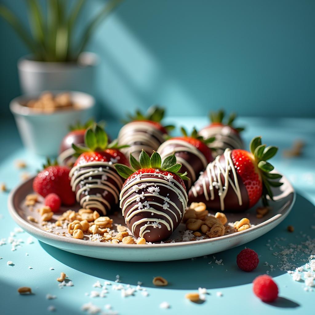 Chocolate-covered strawberries on a bright backdrop Chocolate-covered strawberries on a bright backdrop
