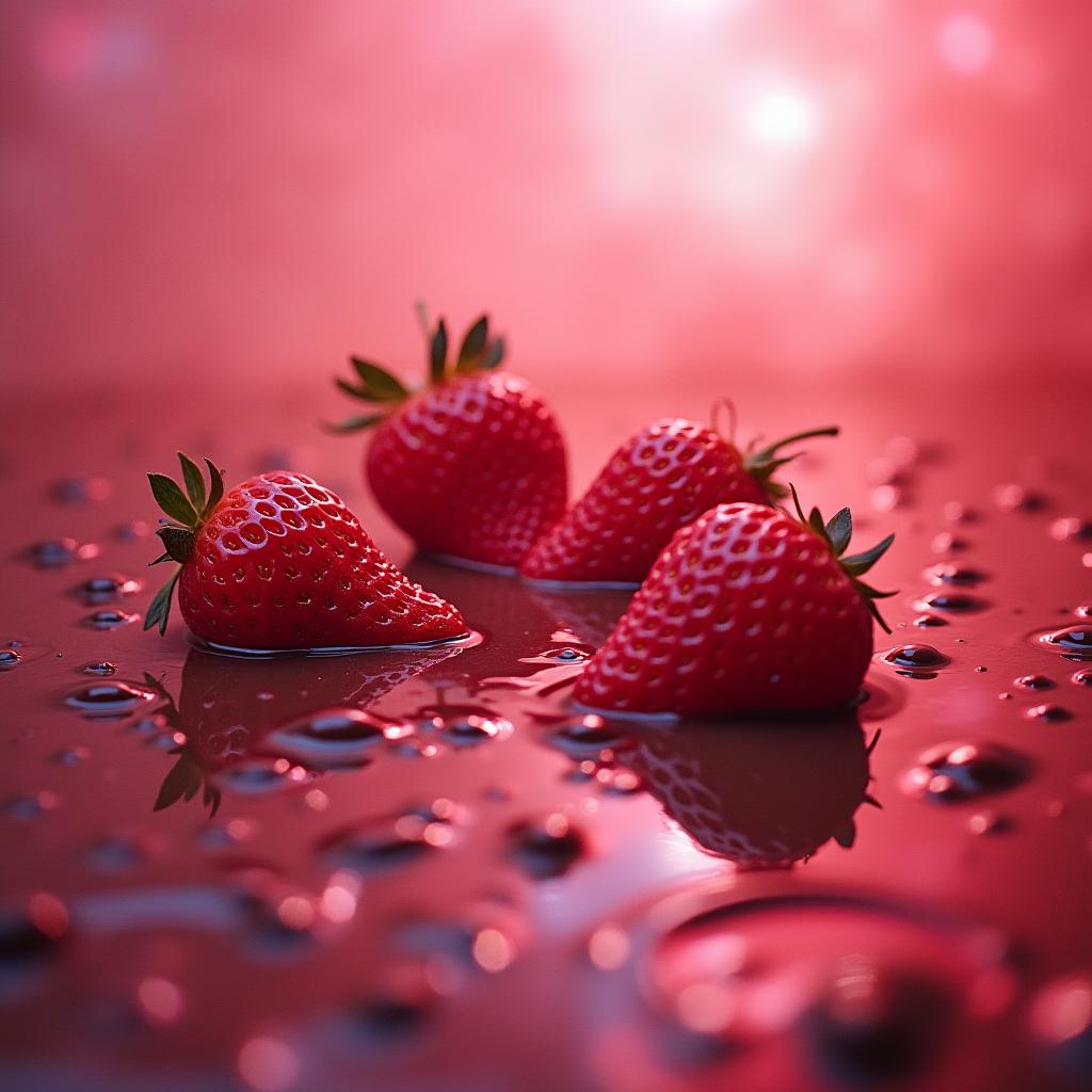 Fresh strawberries shine on a red backdrop Fresh strawberries shine on a red backdrop