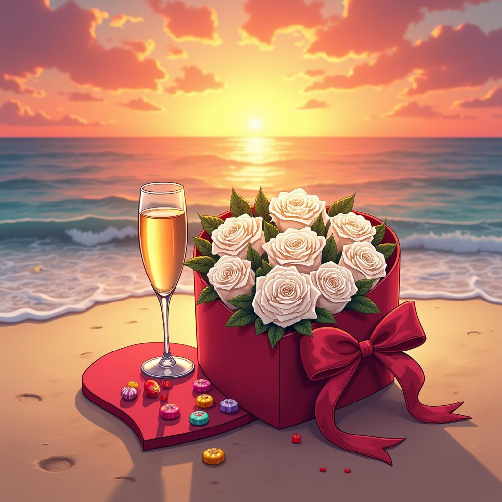 Romantic sunset with roses and champagne at the beach Romantic sunset with roses and champagne at the beach