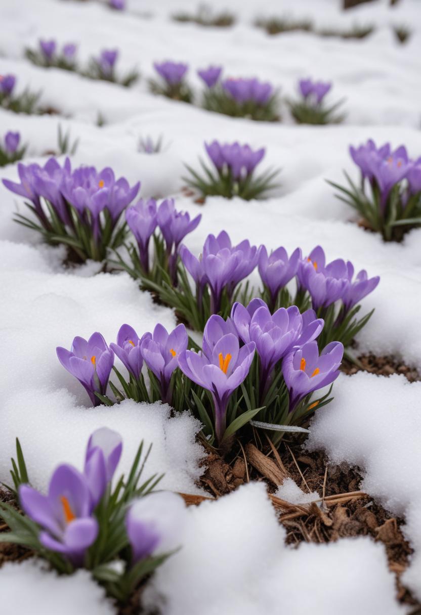 Purple crocuses bloom in snowy garden in early spring Purple crocuses bloom in snowy garden in early spring