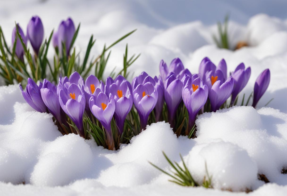 Purple crocuses bloom through snow in early spring Purple crocuses bloom through snow in early spring