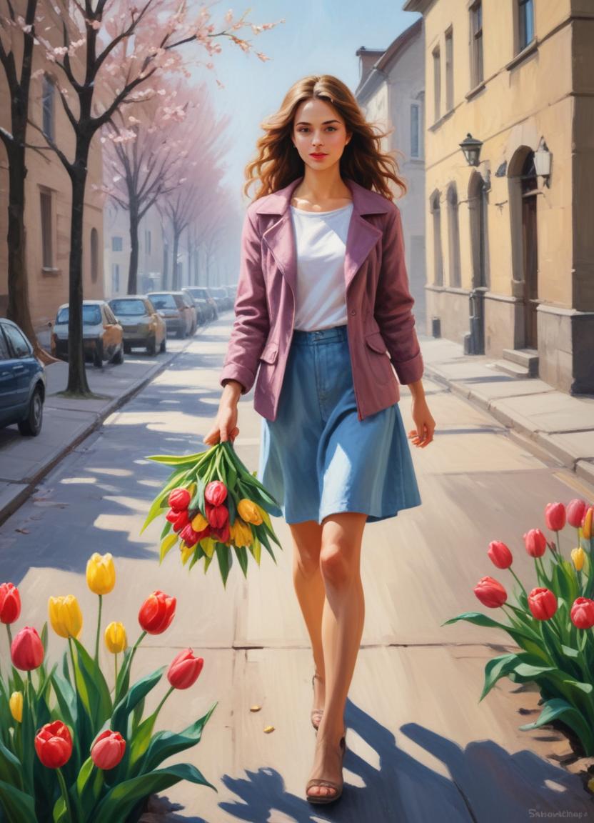 Young woman walking with flowers in a spring street Young woman walking with flowers in a spring street