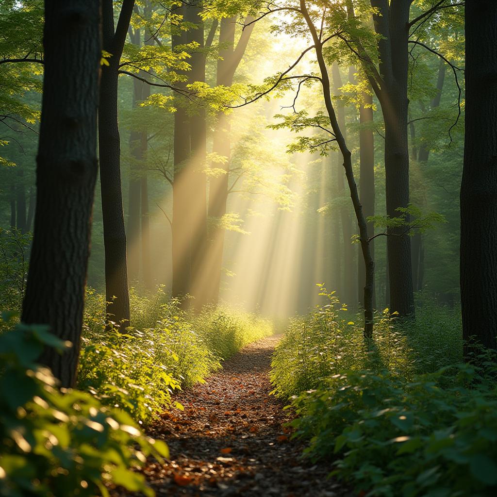 Sunlight beams through trees in a tranquil forest path Sunlight beams through trees in a tranquil forest path