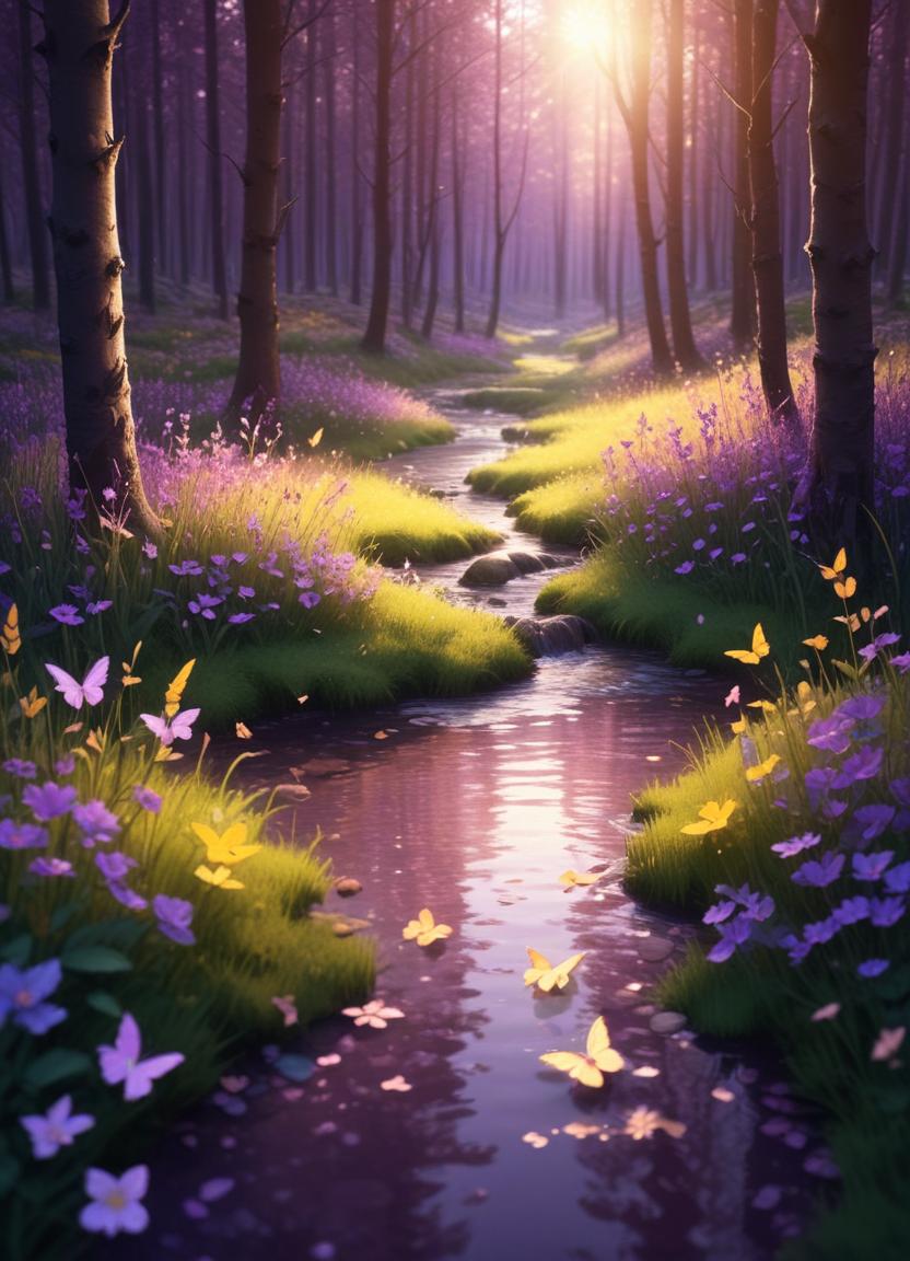 Serene forest stream with flowers and butterflies at sunset Serene forest stream with flowers and butterflies at sunset