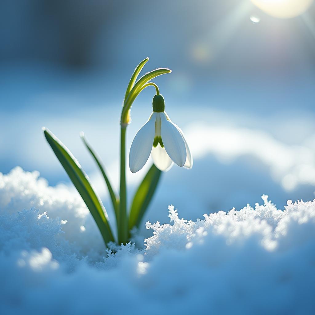 Snowdrop flower blooming in winter snow landscape Snowdrop flower blooming in winter snow landscape