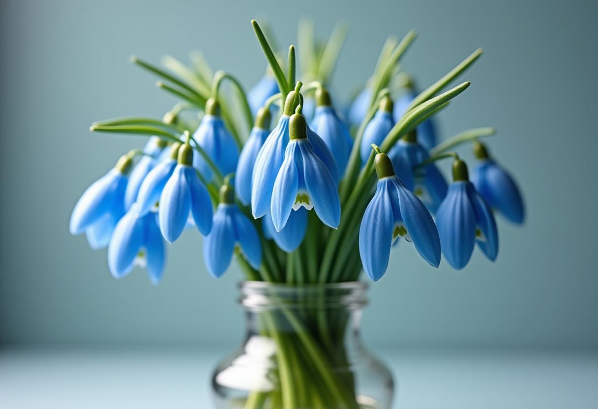 Elegant blue snowdrop flowers in a glass vase Elegant blue snowdrop flowers in a glass vase