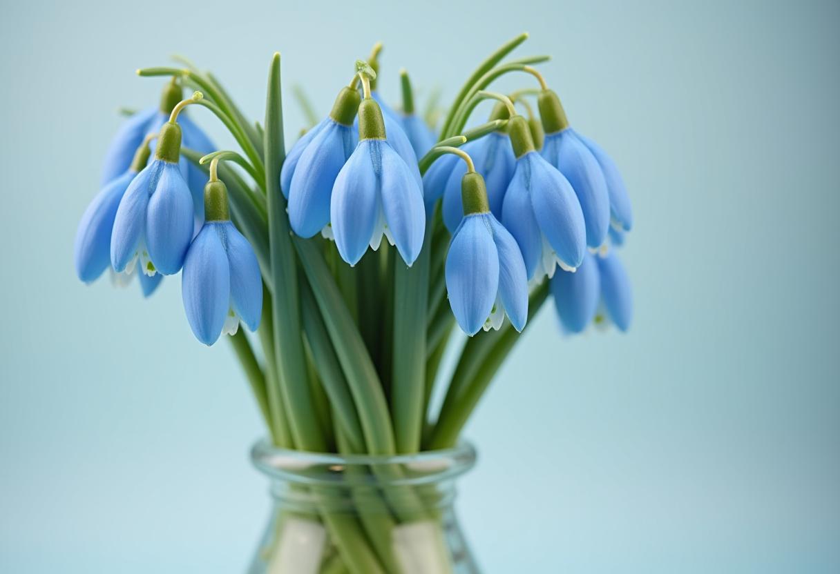 Blue snowdrop flowers in a vase on a light background Blue snowdrop flowers in a vase on a light background