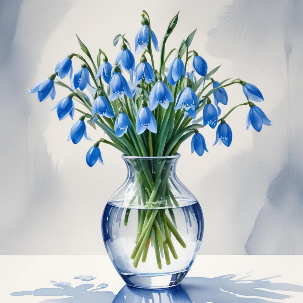 Elegant blue snowdrop flowers in a clear vase Elegant blue snowdrop flowers in a clear vase