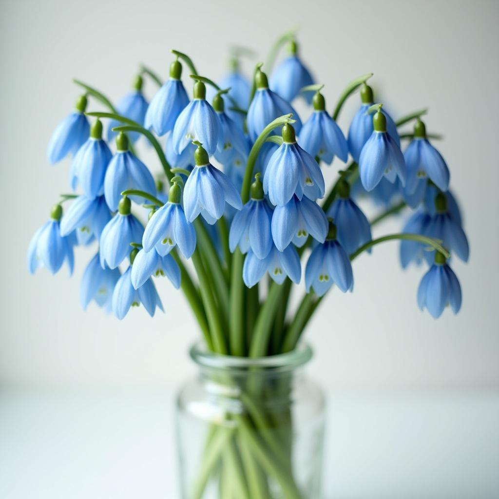 Blue snowdrop flowers arranged in a clear glass vase Blue snowdrop flowers arranged in a clear glass vase