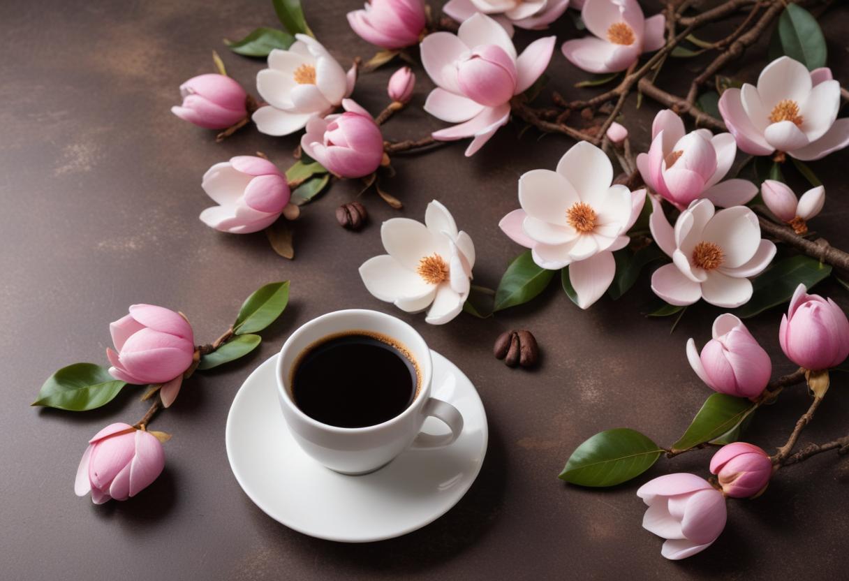 Coffee cup surrounded by pink magnolia flowers Coffee cup surrounded by pink magnolia flowers