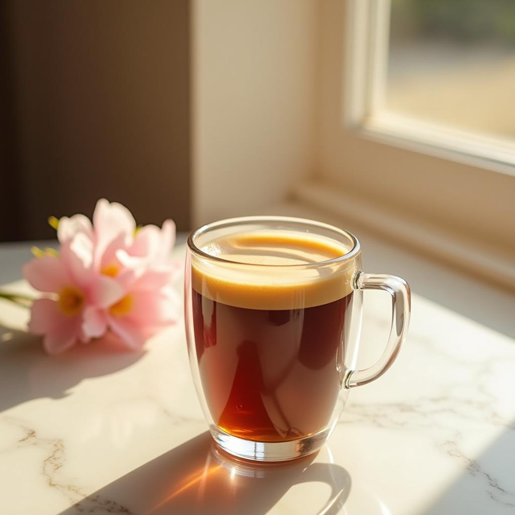 Warm coffee rests by a sunlit window with blooms Warm coffee rests by a sunlit window with blooms