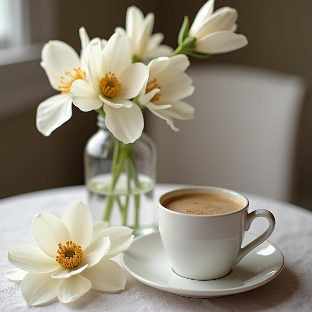 Morning coffee with white flowers in a cozy setting Morning coffee with white flowers in a cozy setting