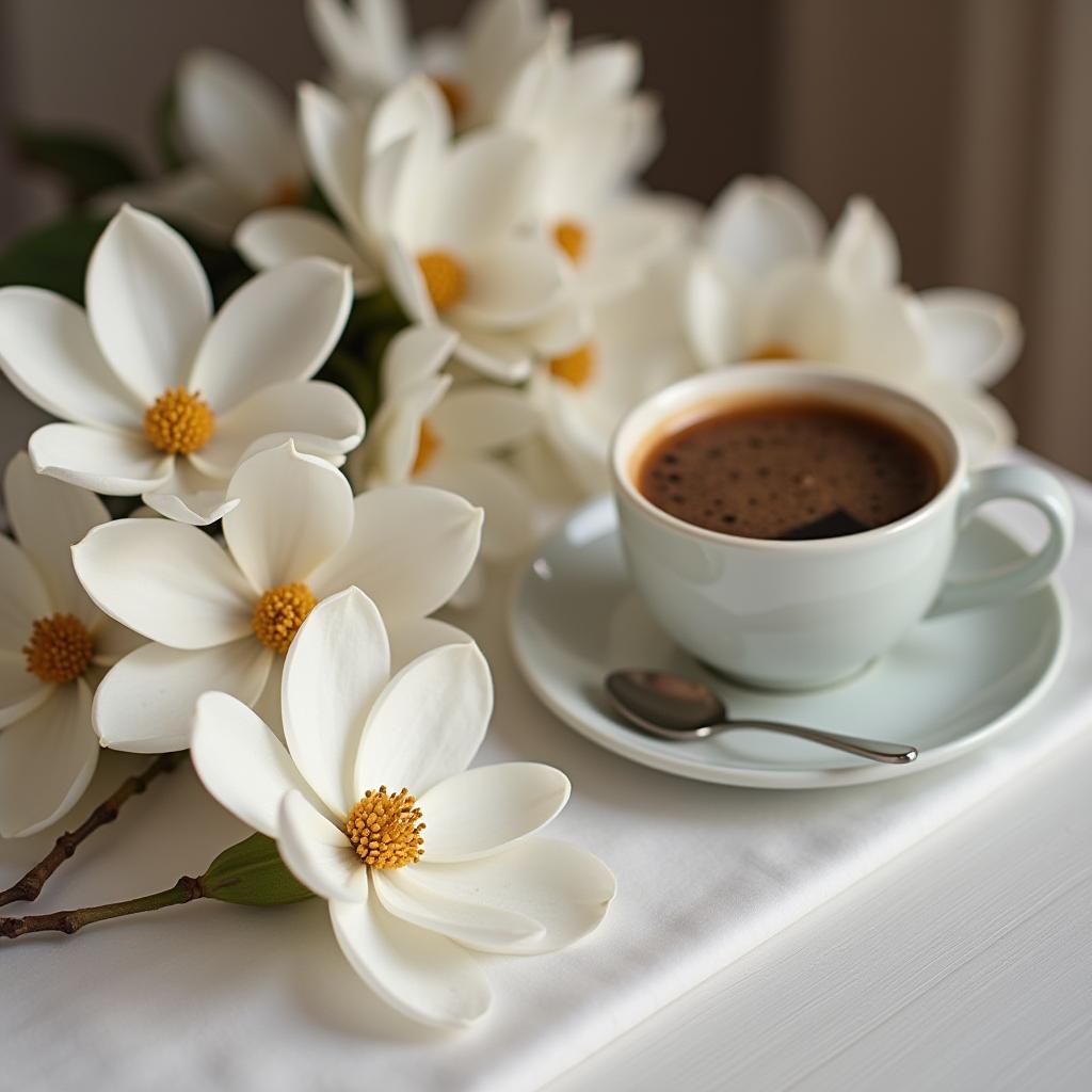 Enjoying coffee with magnolia blossoms in spring Enjoying coffee with magnolia blossoms in spring