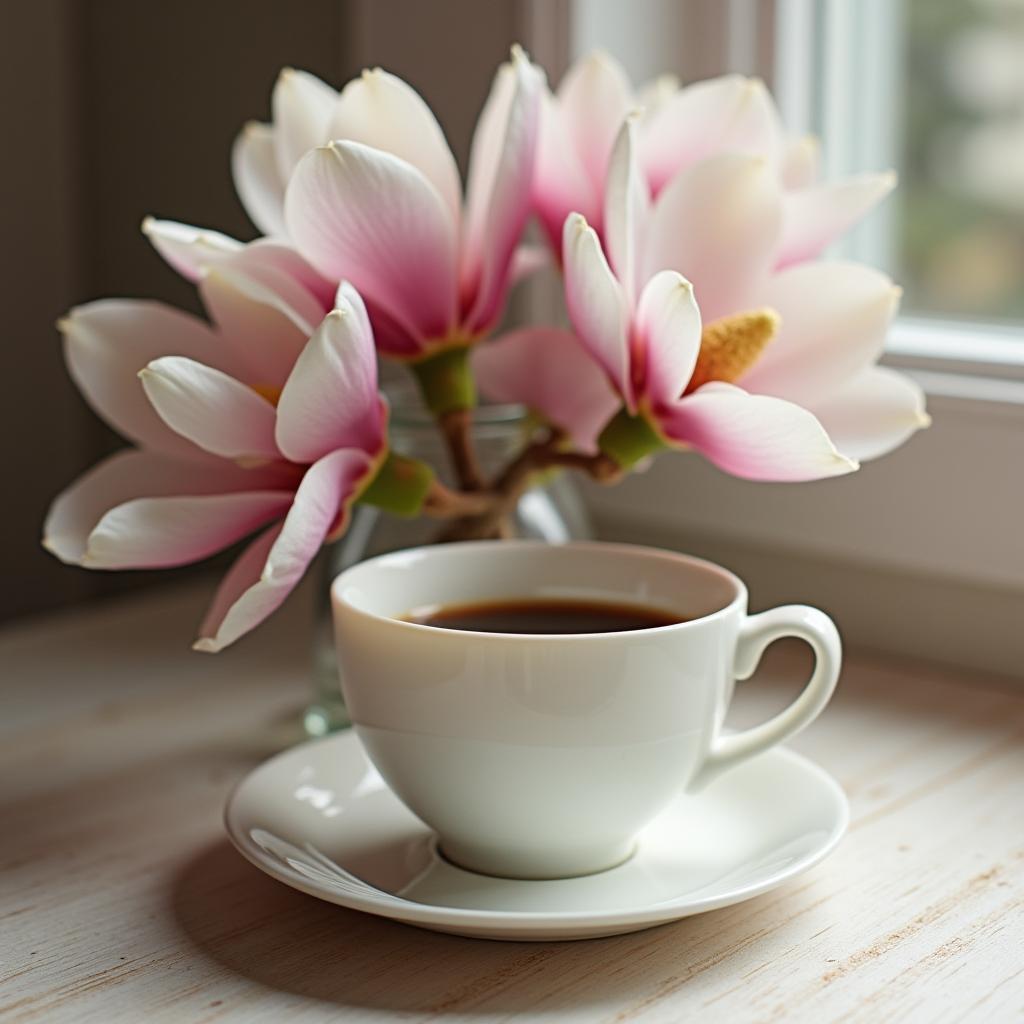 Coffee cup beside pink magnolia flowers on a table Coffee cup beside pink magnolia flowers on a table