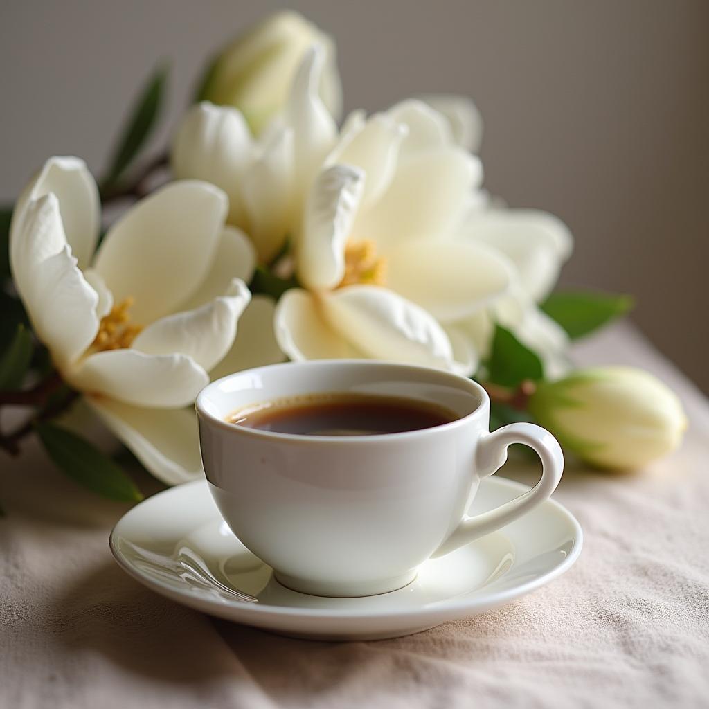 Coffee cup beside white magnolia flowers on table Coffee cup beside white magnolia flowers on table
