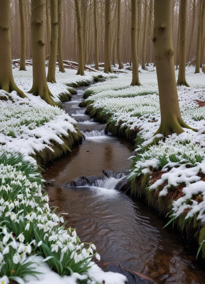 Snow-covered stream flows through a tranquil forest Snow-covered stream flows through a tranquil forest