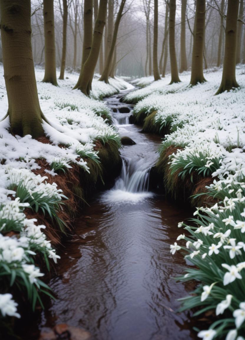 Snow-covered stream flows through a tranquil forest Snow-covered stream flows through a tranquil forest