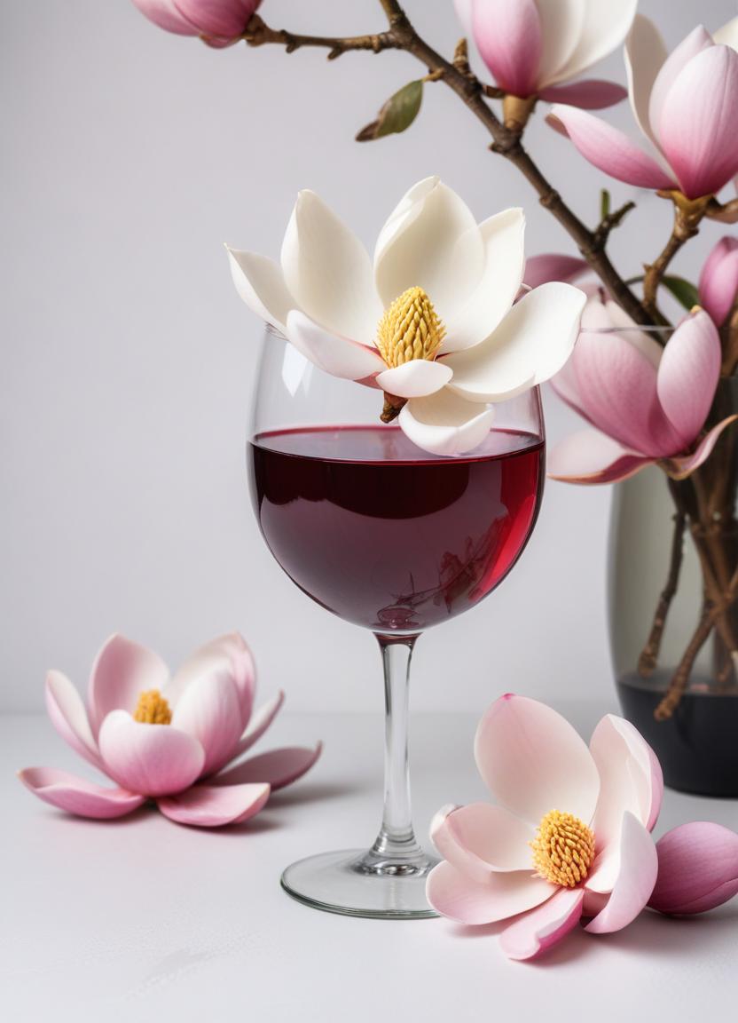 Elegant floral arrangement with a glass of red beverage Elegant floral arrangement with a glass of red beverage