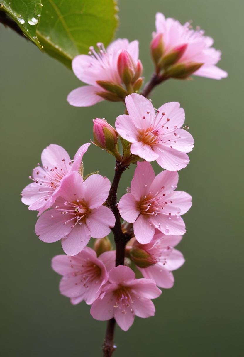 Blossoming pink flowers with raindrops on petals Blossoming pink flowers with raindrops on petals