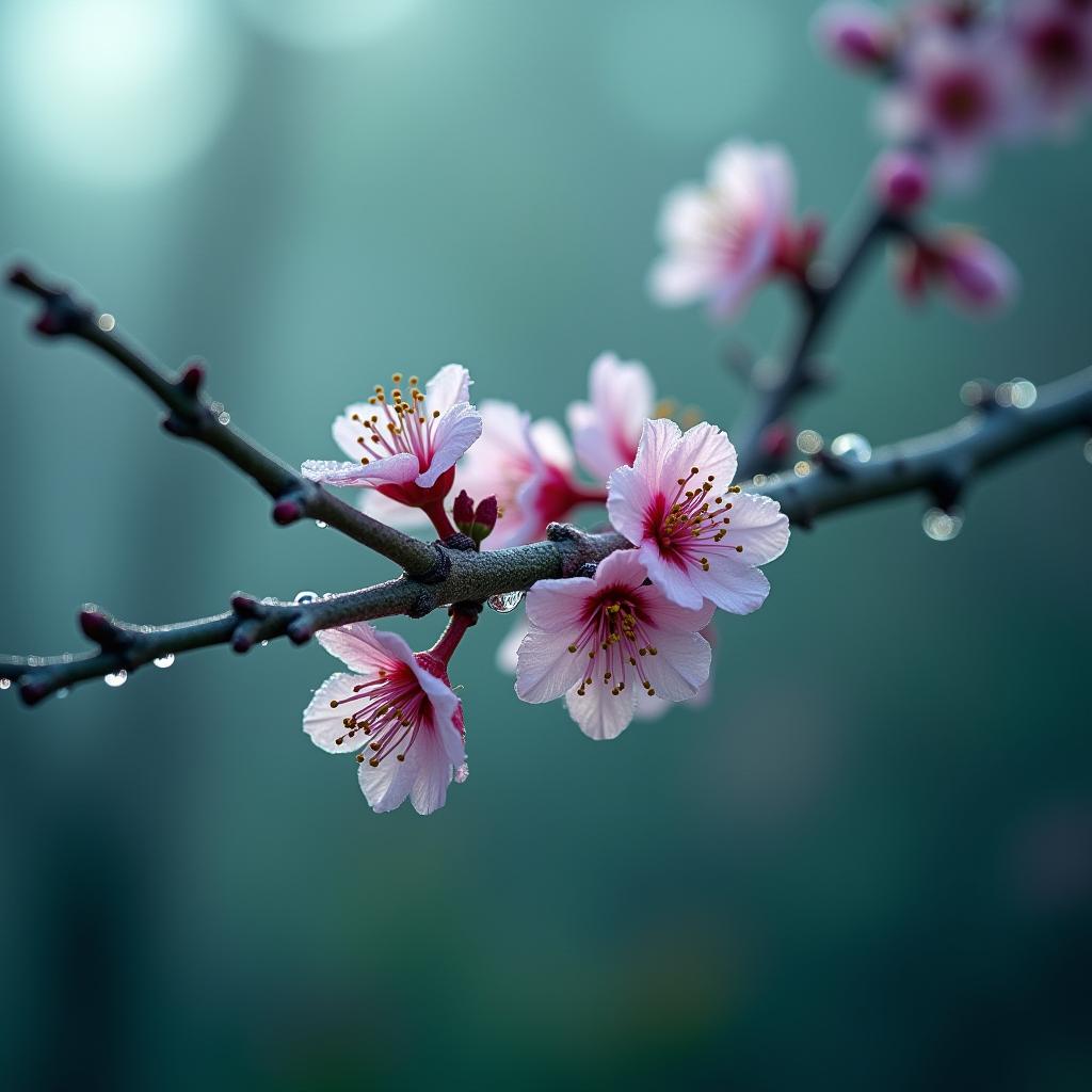 Cherry blossoms bloom on a branch in soft morning light Cherry blossoms bloom on a branch in soft morning light