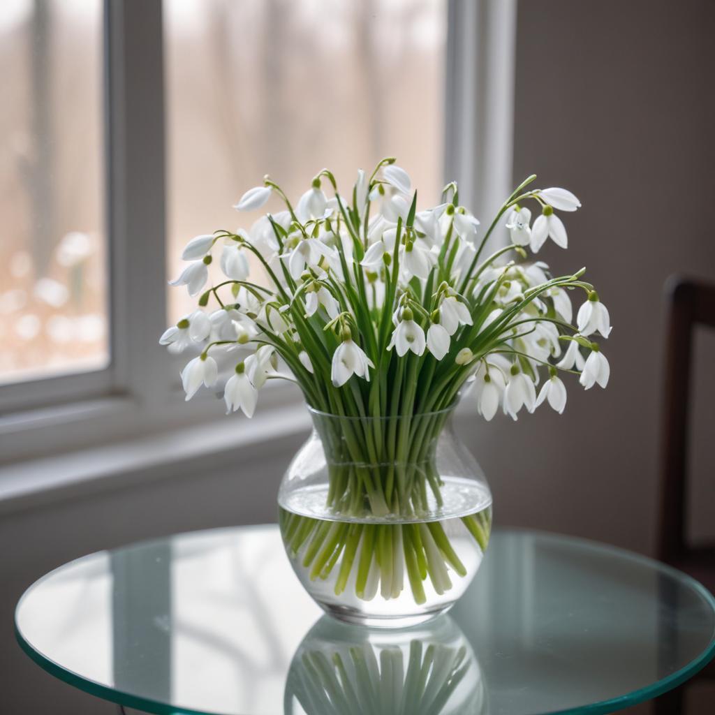 Snowdrop flowers in a vase beside a window indoors Snowdrop flowers in a vase beside a window indoors