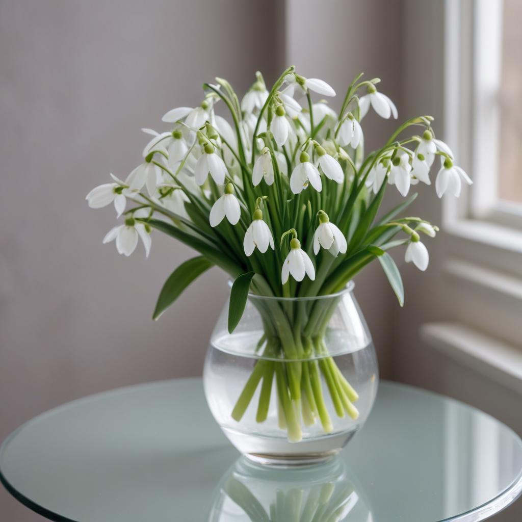 Fresh snowdrop flowers in a vase on a table Fresh snowdrop flowers in a vase on a table