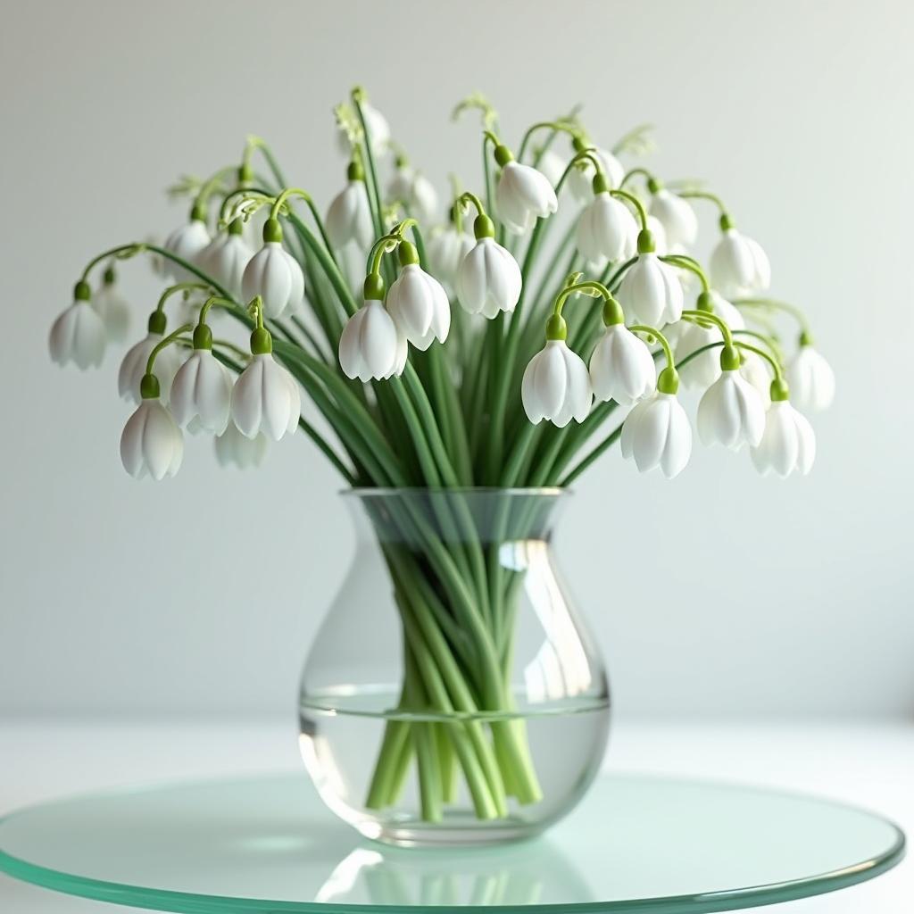 Snowdrop flowers arranged in a glass vase on a table Snowdrop flowers arranged in a glass vase on a table
