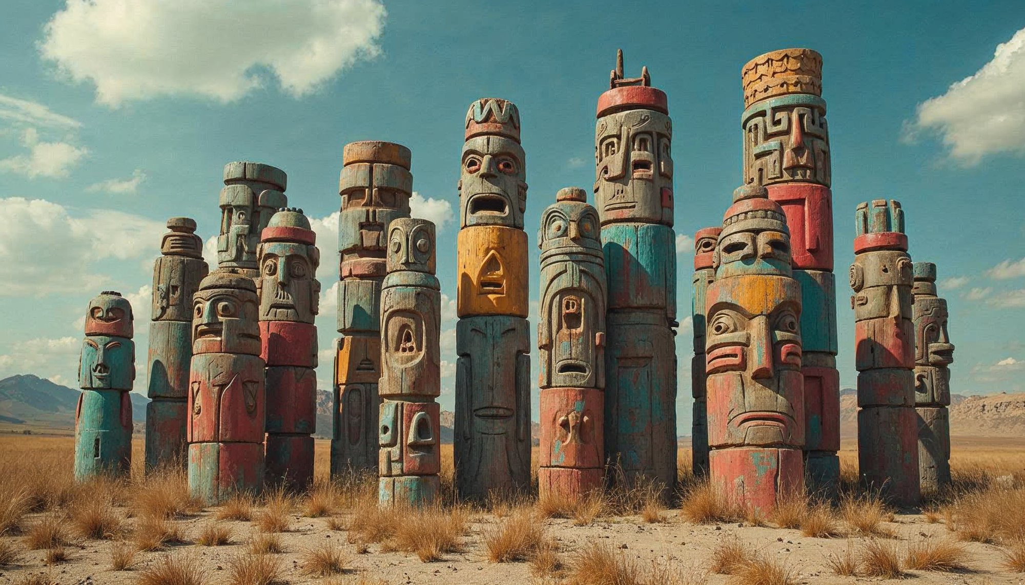 Ancient totem sculptures in a desert landscape at midday Ancient totem sculptures in a desert landscape at midday