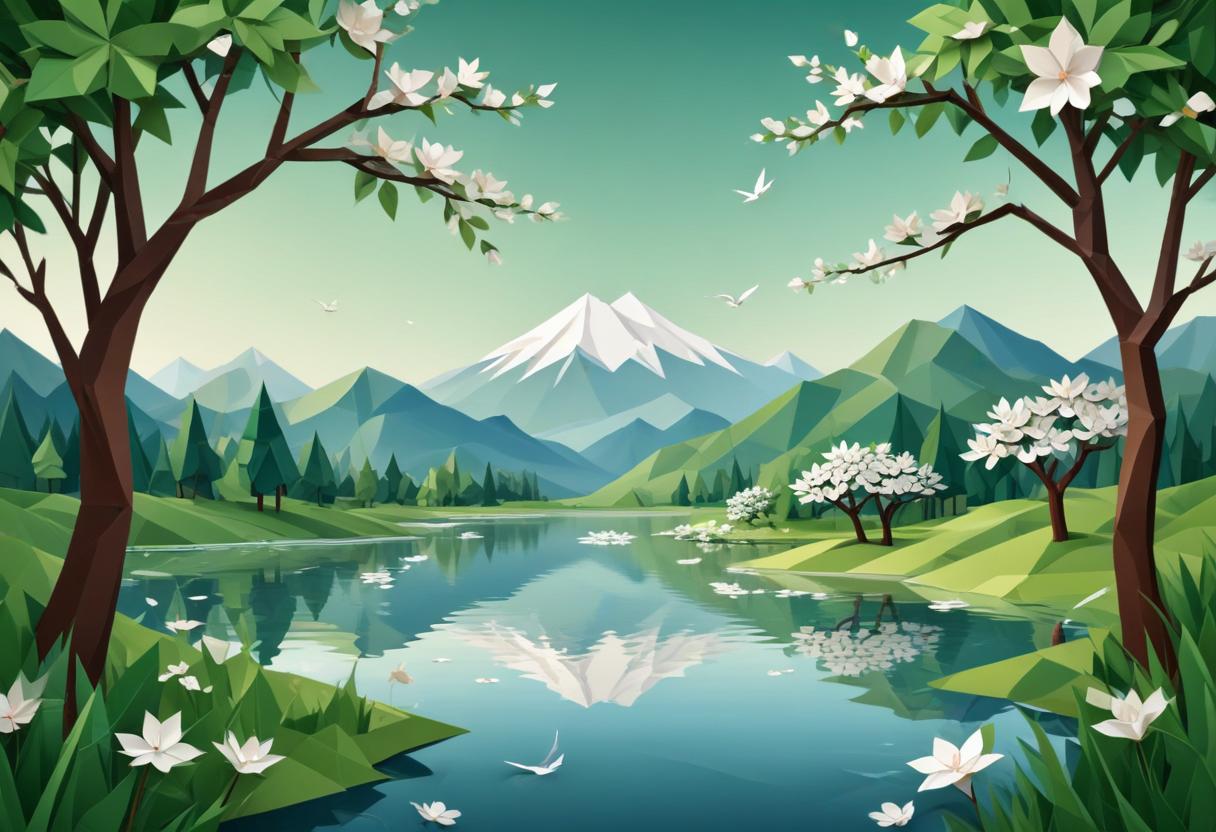 Mountain landscape with lake and blooming flowers in spring Mountain landscape with lake and blooming flowers in spring