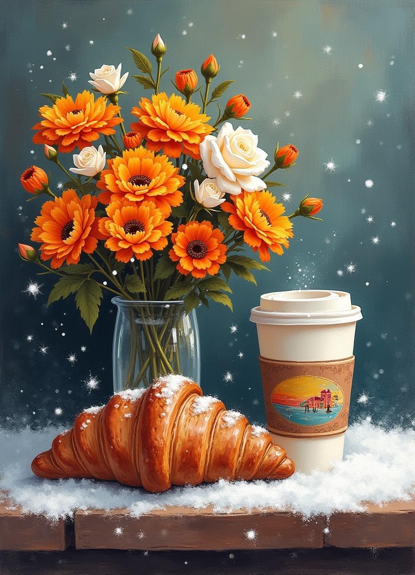 Beautiful flowers, croissant, and coffee cup on snowy table Beautiful flowers, croissant, and coffee cup on snowy table