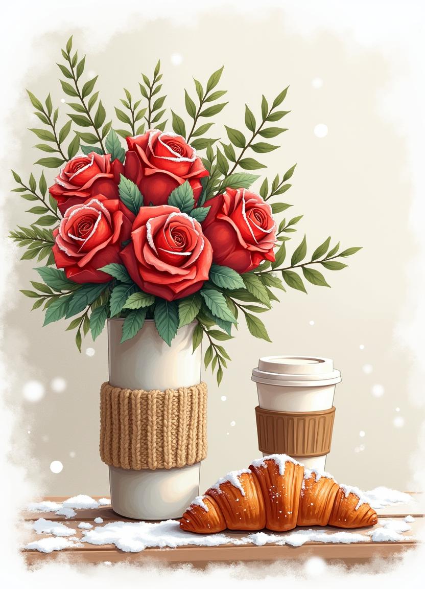 Beautiful roses with coffee and a croissant on winter day Beautiful roses with coffee and a croissant on winter day