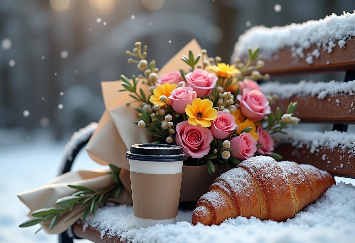 Flowers, coffee, and croissant on a snowy bench Flowers, coffee, and croissant on a snowy bench
