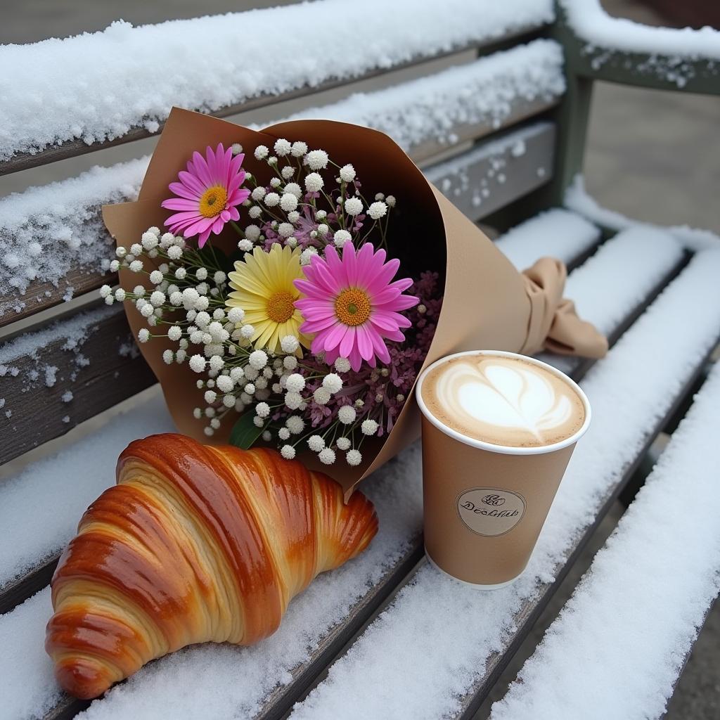 Enjoying coffee, flowers, and croissant in winter Enjoying coffee, flowers, and croissant in winter