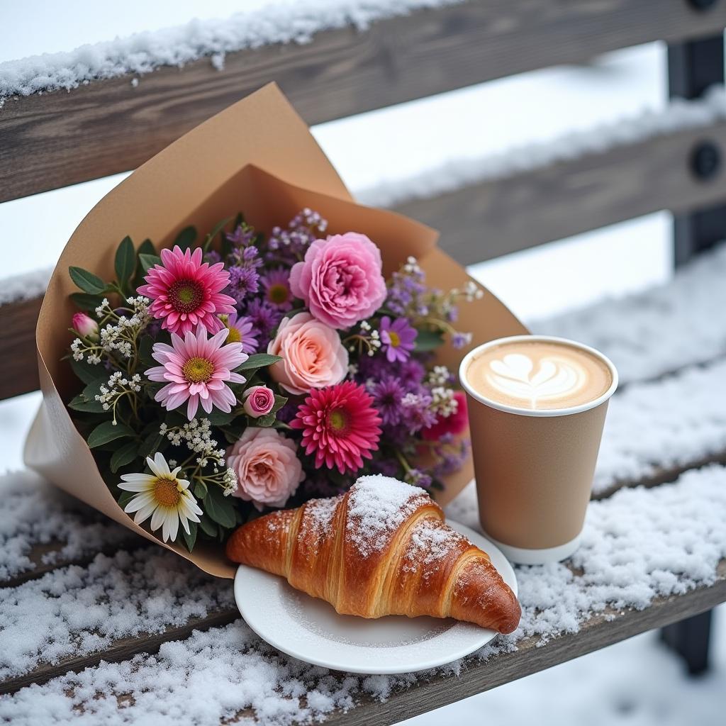 Enjoying a cozy breakfast in winter snow Enjoying a cozy breakfast in winter snow