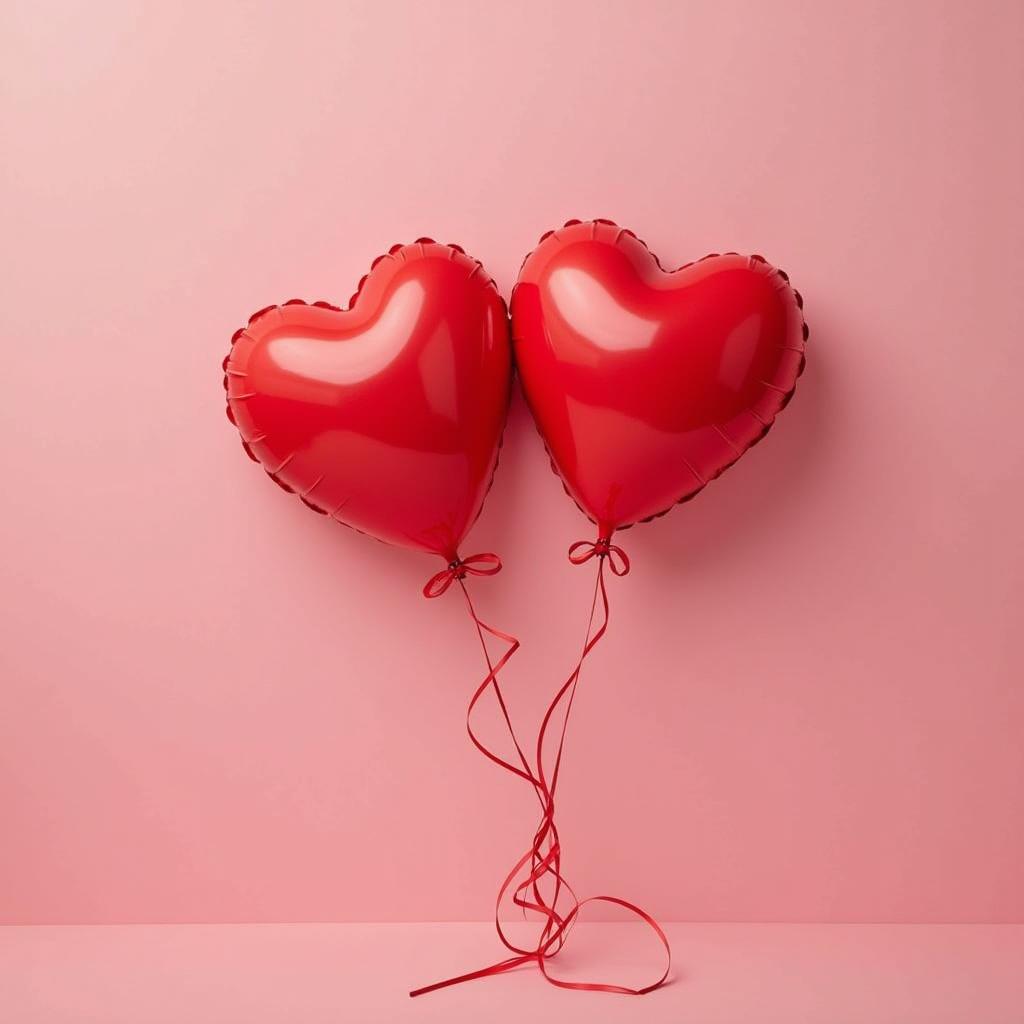 Red heart-shaped balloons on pink background for celebration Red heart-shaped balloons on pink background for celebration