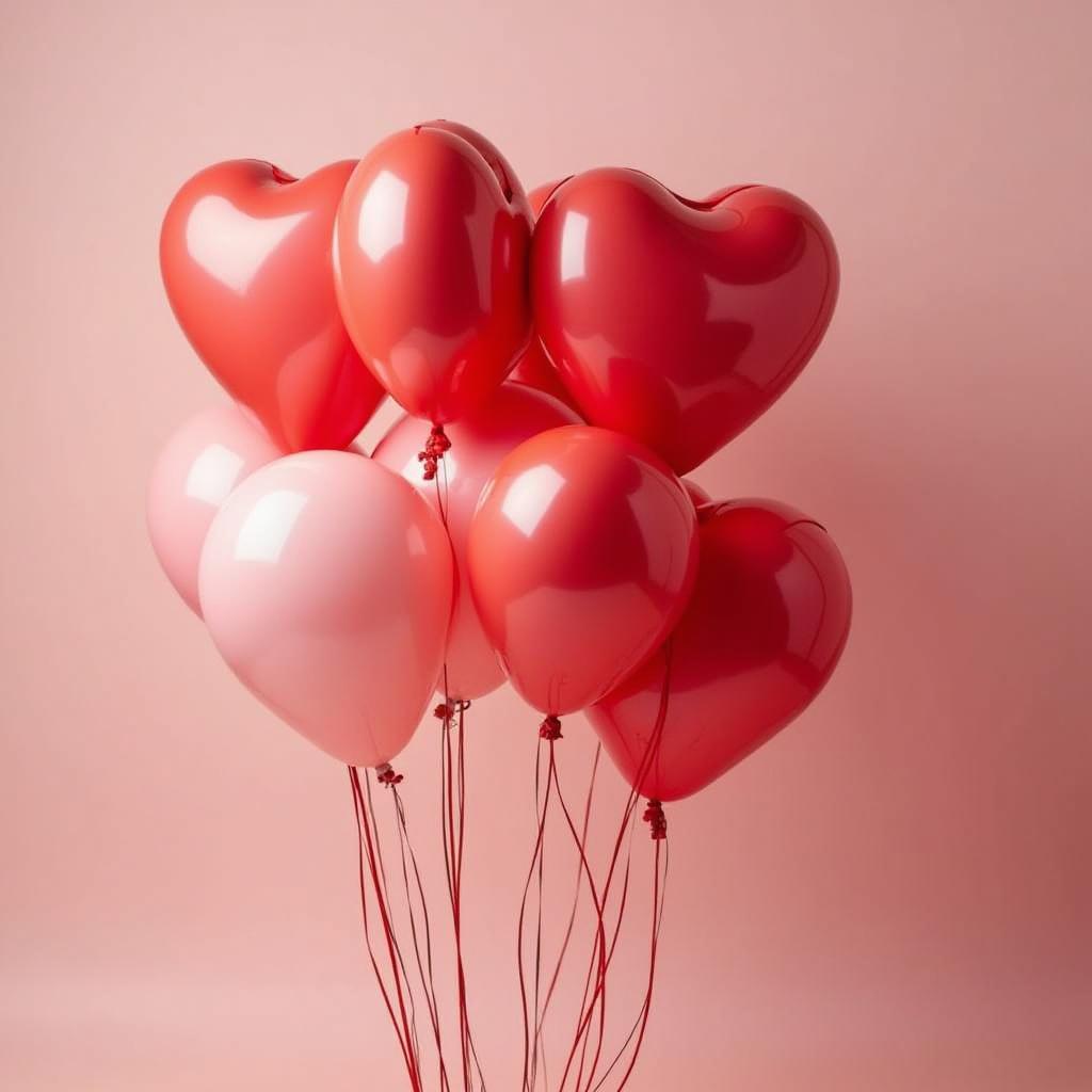 Colorful heart-shaped balloons in soft pink setting Colorful heart-shaped balloons in soft pink setting