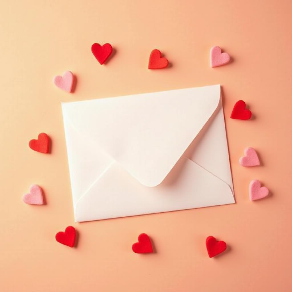 White envelope with colorful hearts on pink White envelope with colorful hearts on pink