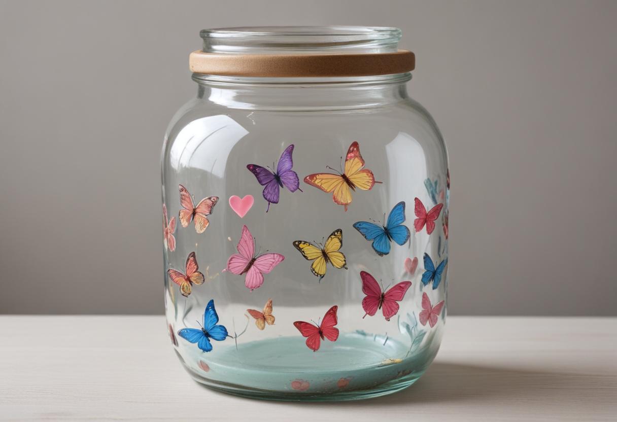 Colorful butterfly jar with decorative design elements