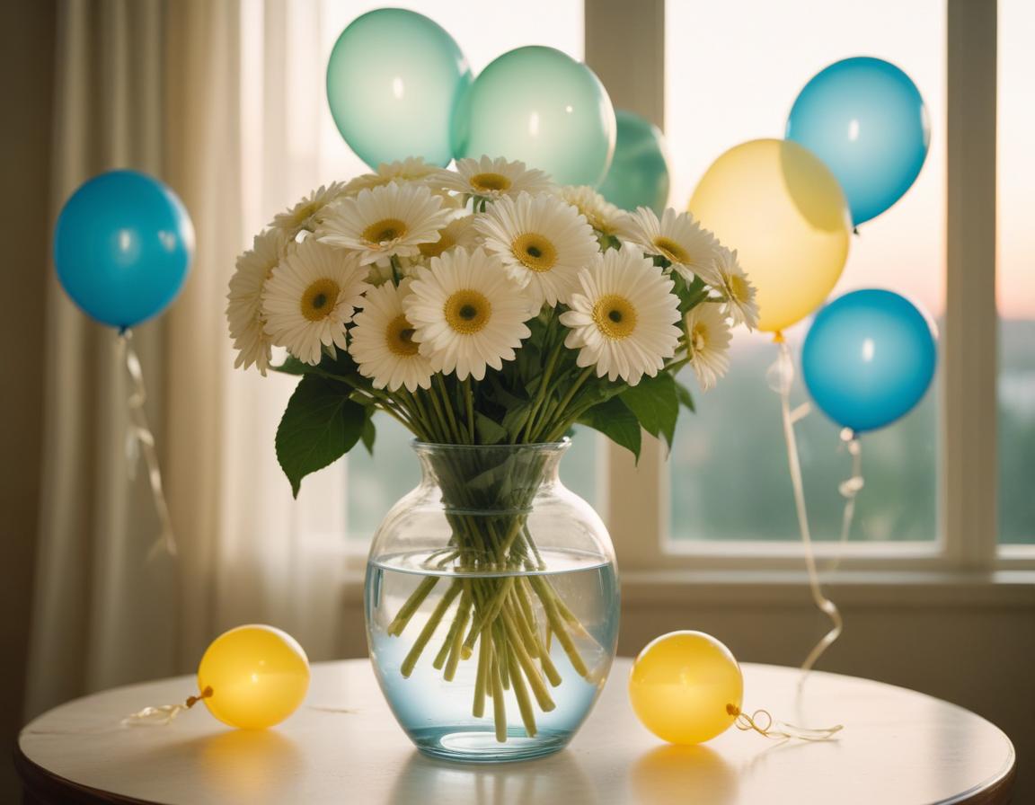Festive arrangement of flowers and balloons at sunset Festive arrangement of flowers and balloons at sunset