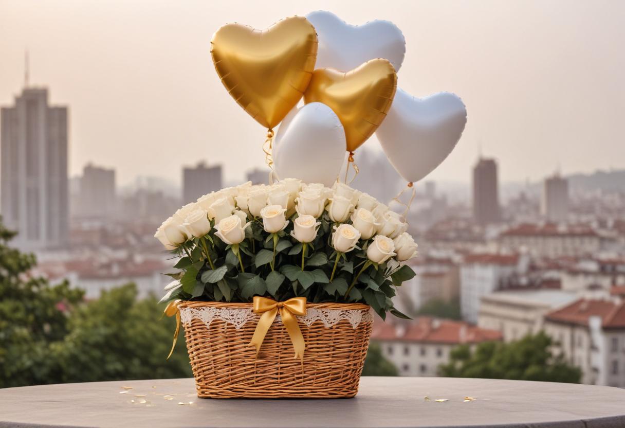 Beautiful rose basket with balloons at sunset in city Beautiful rose basket with balloons at sunset in city