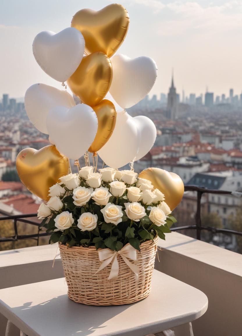 Elegant rose arrangement with heart balloons on rooftop Elegant rose arrangement with heart balloons on rooftop