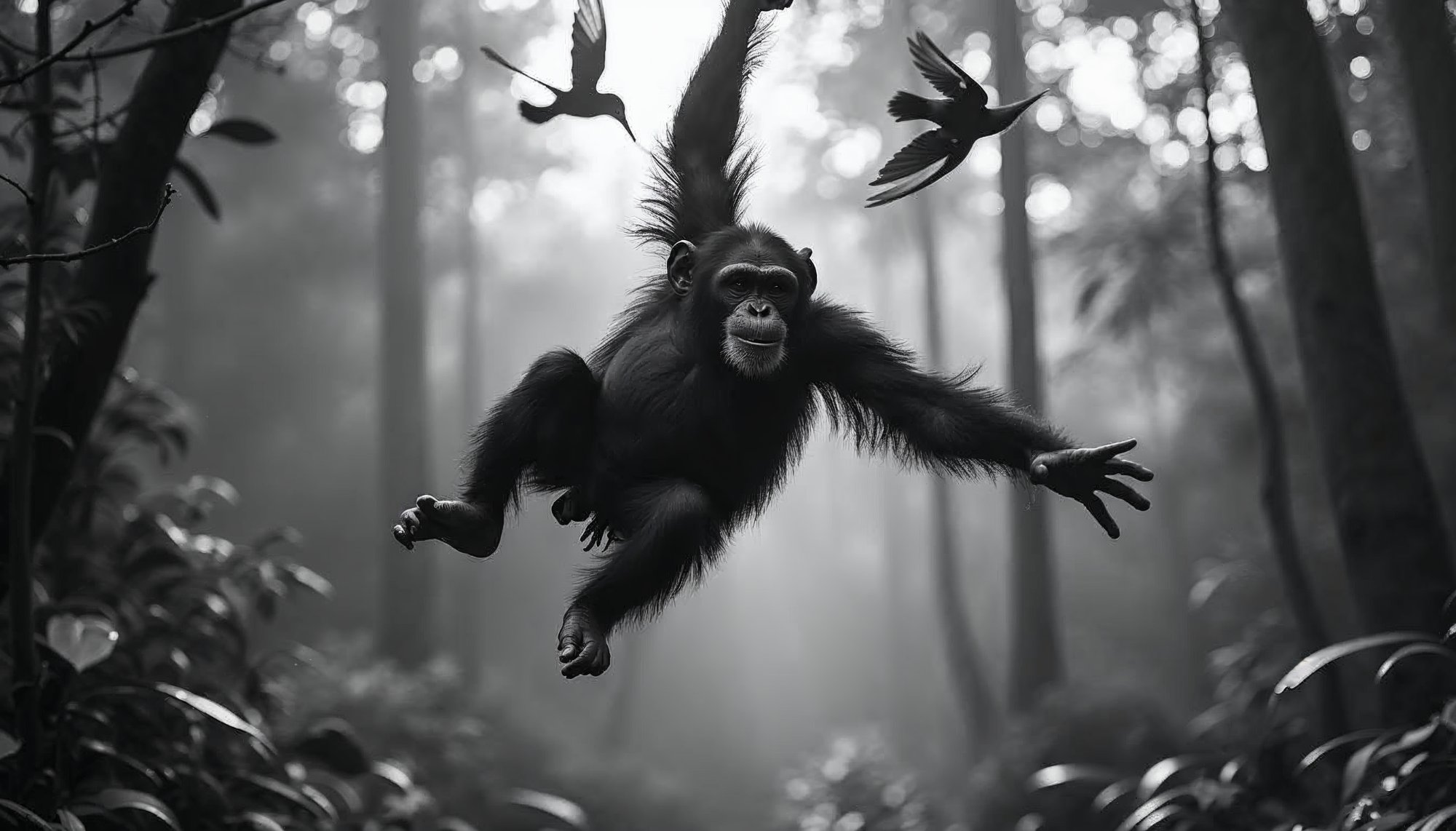 Monkey navigating through forest while birds fly nearby Monkey navigating through forest while birds fly nearby