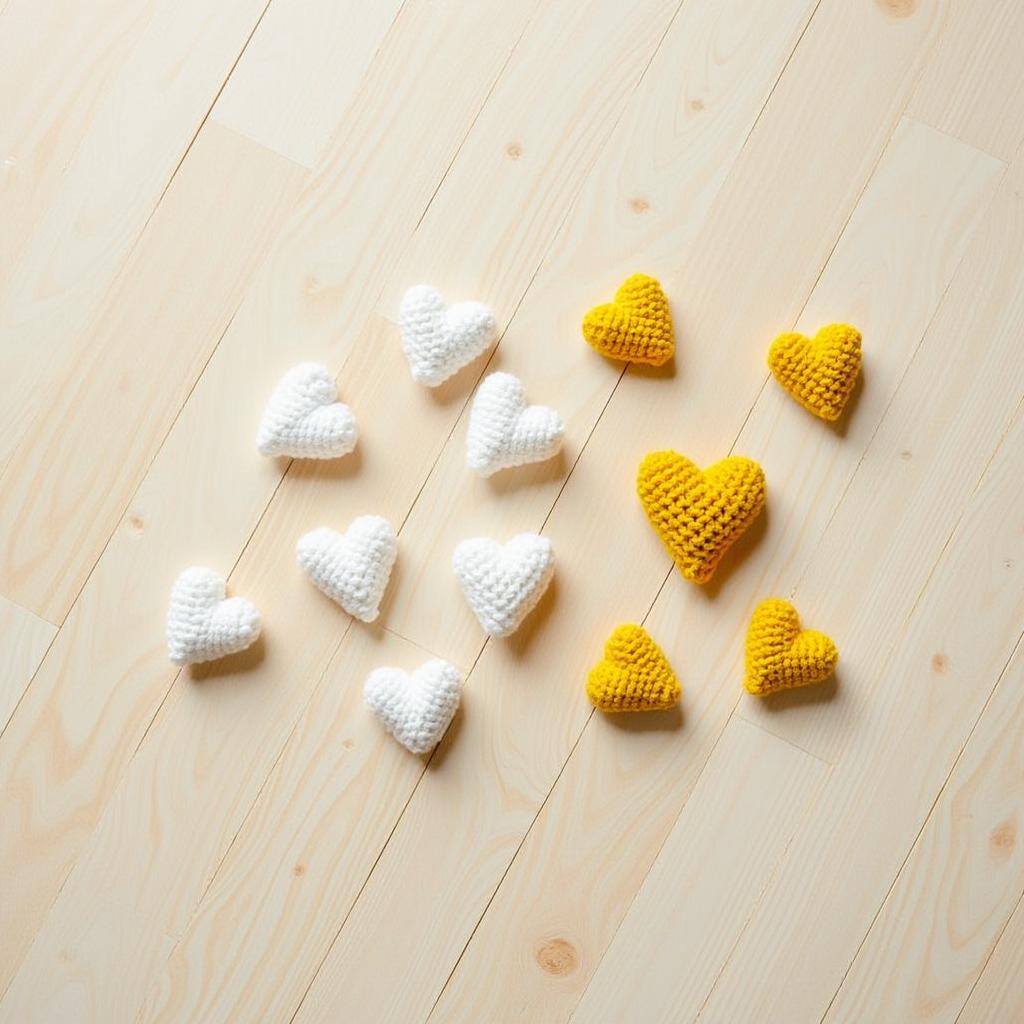 Colorful crocheted hearts arranged on wooden floor