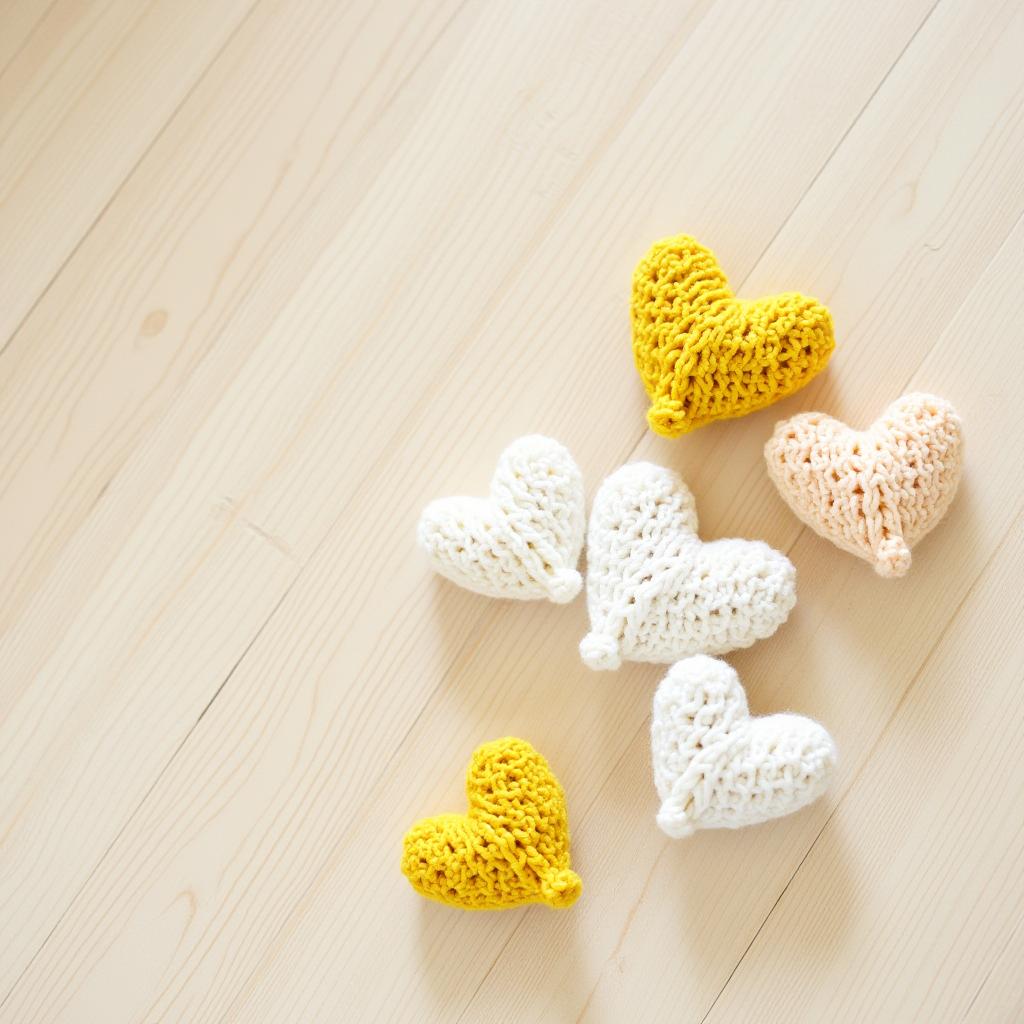 Colorful crochet hearts arranged on a wooden surface
