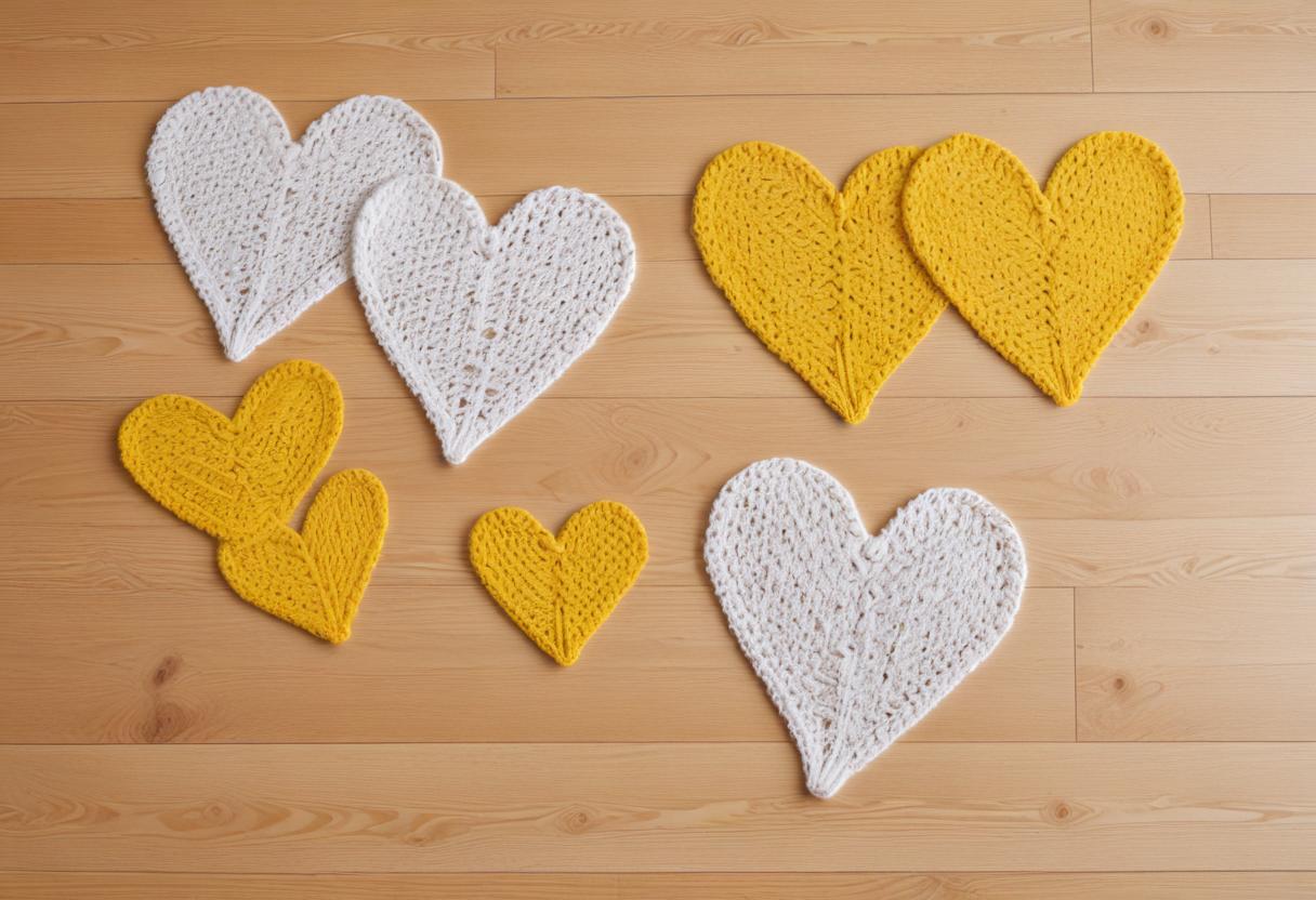 Crafting colorful crochet hearts on wooden floor
